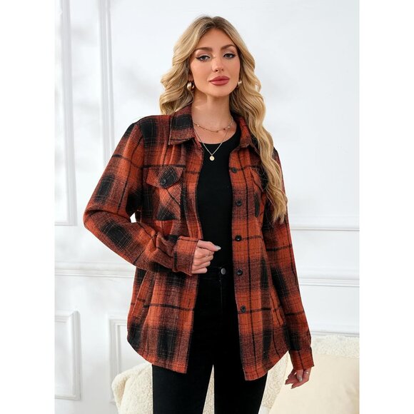 Women's Flannel Shirt Jacket Cotton Long Sleeve Plaid Casual Outerwear - Picture 3 of 7